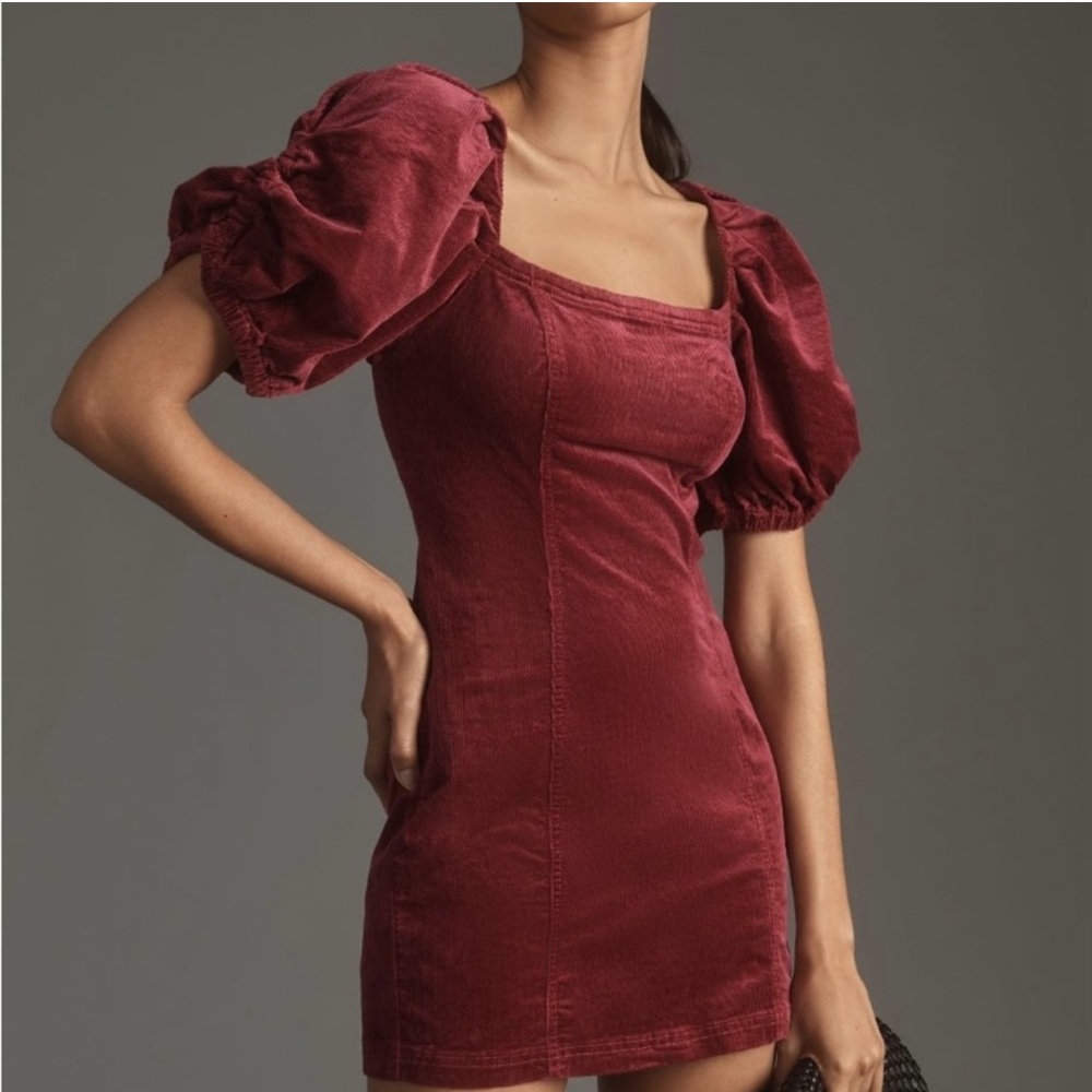 Anthropologie Pilcro Puff-Sleeve Square-Neck Corduroy Mini Dress‎ Size M